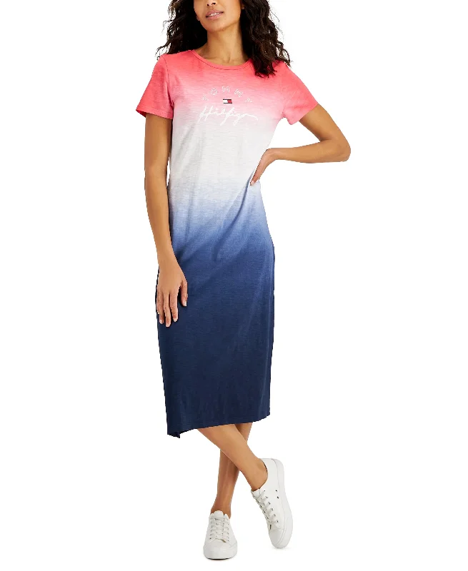 Tommy Hilfiger Womens Cotton Dip Dyed Midi T-Shirt Dress Layered Multi-layer Single Layer Tommy Hilfiger Womens Cotton Dip Dyed Midi T-Shirt Dress Layered Multi-layer Single Layer