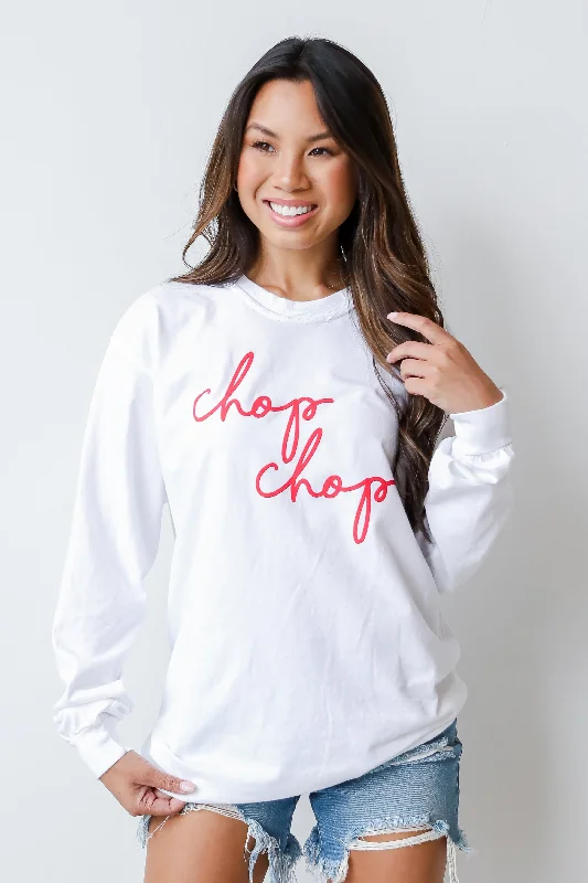 White Chop Chop Long Sleeve Tee Basic T-Shirt Crew Neck Short Sleeve