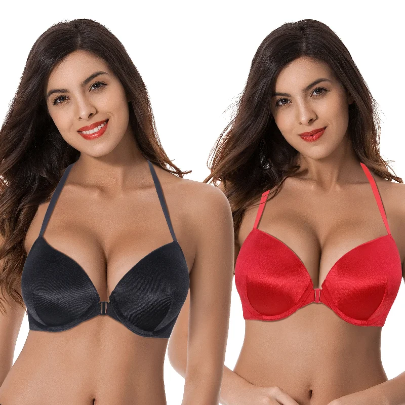 Women's Push Up Add 1 and a half Cup Underwire Halter Front Close Bras Elegant Silk Bra