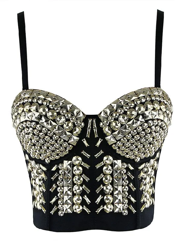 Women's Sexy Spaghetti Strap Gold Rivets Bustier Bra Feminine Lace Bra