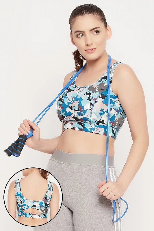 Sky Blue Medium Impact Padded Camouflage Print Sports Bra Strapless Support Bra