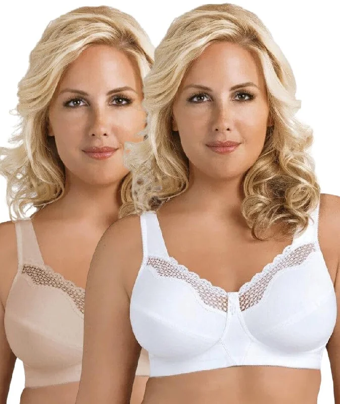 Exquisite Form Fully Cotton Soft Cup Wire-Free Bra With Lace 2 Pack - Damask Neutral/White Adjustable Bra Straps