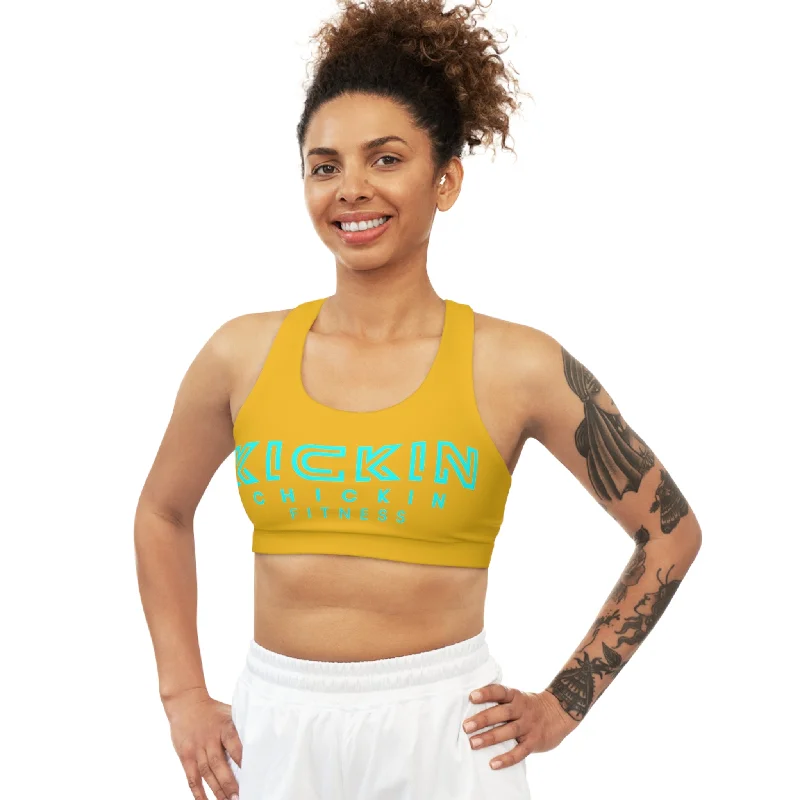 Kickin Chickin Fitness Seamless Sports Bra Yellow/Turq Floral Lace Bra