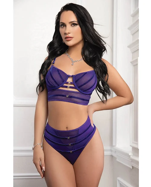 Mesh Underwire Bra 2 pc Set with Velour Accents - Purple O/S High Support Sports Bra