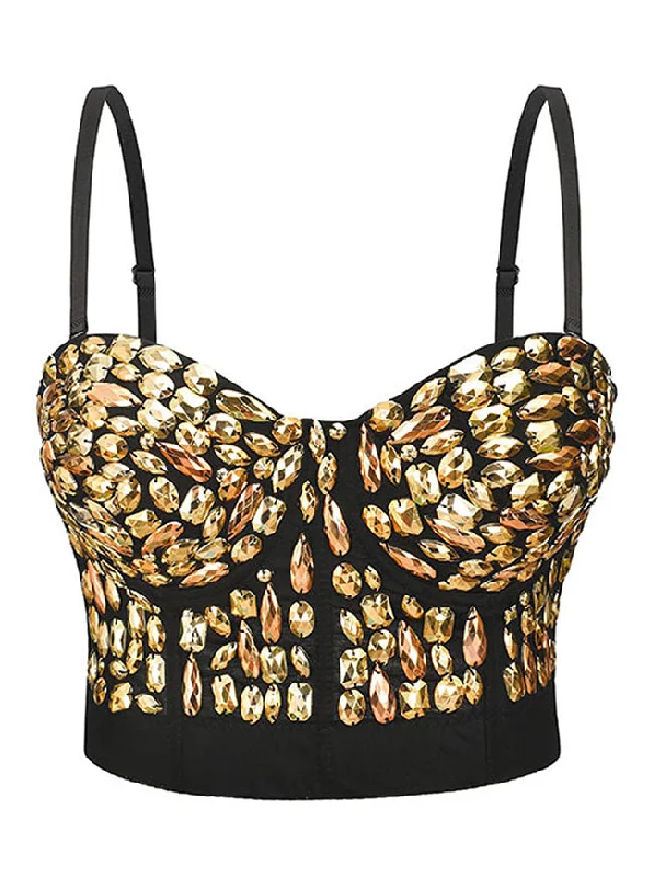 Women Punk Golden Beads B Cup Padded Boned Clubwear Bustier Bra Top Soft Support Bra