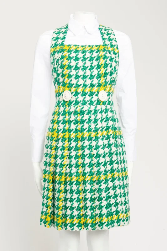 2015 Green Wool Check Preowned Houndstooth Pinafore Midi Dress Comfortable Wrap Midi Dress