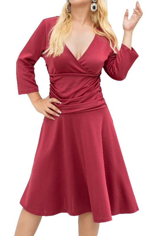 Women's 3/4 Sleeve V Neck Ruched Waist A-line Midi Dress Chic Off-Shoulder Midi Dress