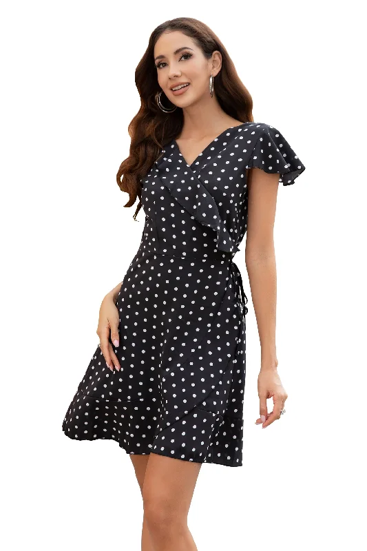 Women's Polka dot V neckline Short Sleeve Ruffle Midi Dress Elegant Floral Skirt Midi Dress