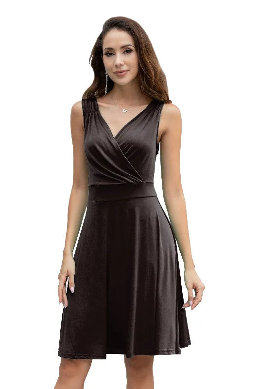 Women's Wrap V Neck Sleeveless Pleated Shoulder Midi Dress Stylish Silk Midi Dress