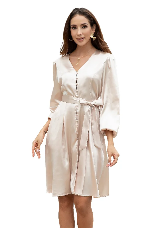 Women's Deep V Neck Lantern Long Bell Sleeve Midi Dress Comfortable Empire Waist Midi Dress