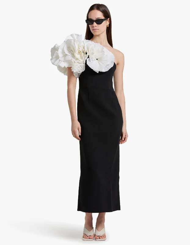 Hampstead Midi Dress - Black/Ivory Stylish Off-Shoulder Ruffle Dress