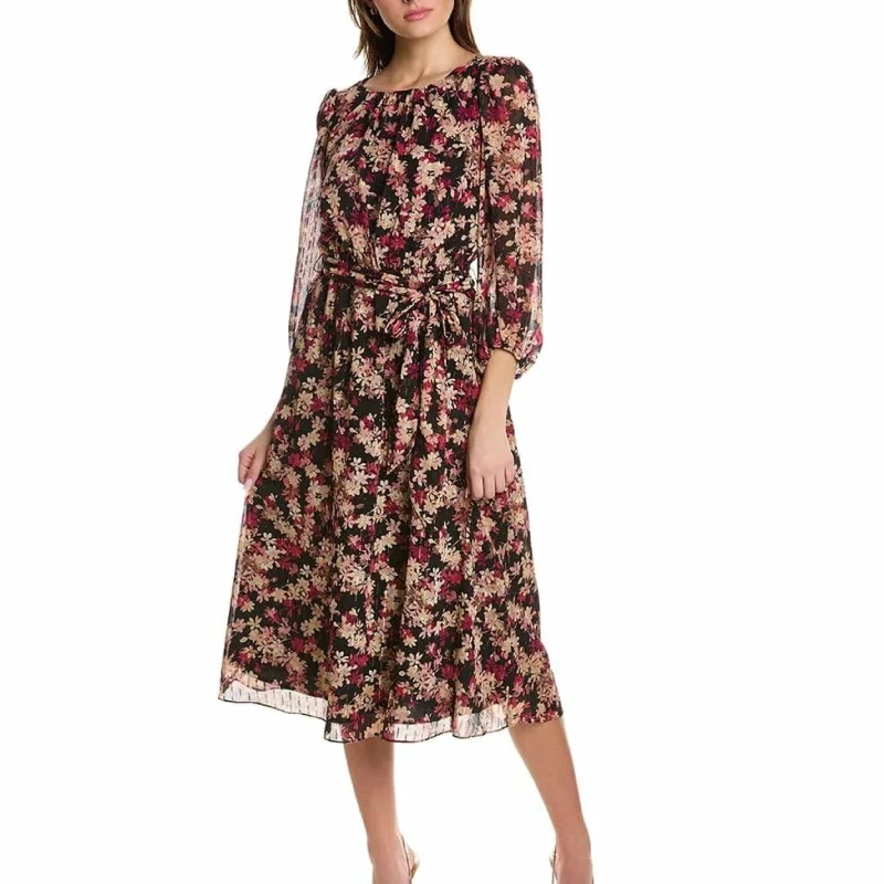 ANNE KLEIN - Long Sleeve Floral Print Chiffon MIDI Dress Stylish Halter Neck Midi Dress