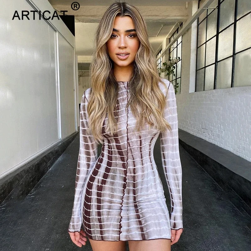 Articat Autumn Printed Women Sexy Long Sleeve O Neck Mini Dress Cozy Long Sleeve Mini Dress