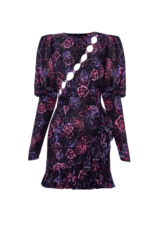 ASYMMETRIC STONE PRINTED FLORAL PATTERNED MINI DRESS IN PURPLE FLORAL Chic Pleated Mini Dress