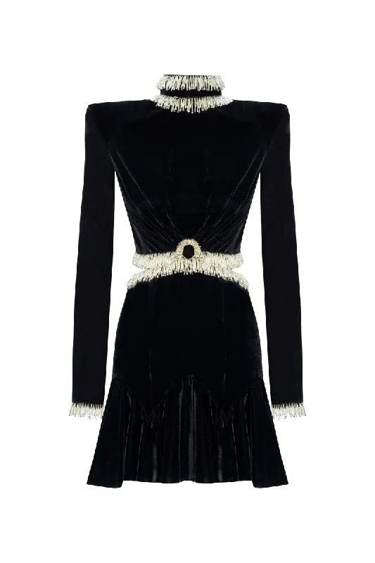 BEAD-EMBELLISHED VELVET MINI DRESS IN BLACK Elegant Mini Dress with Ruffles