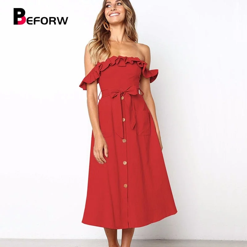 BEFORW Female Sexy Off Shoulder Midi Dress Elegant Ruffles Dresses Comfortable Deep V Midi Dress