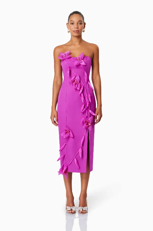 Bethany Strapless Floral Midi Dress In Purple Chic Bohemian Midi Dress