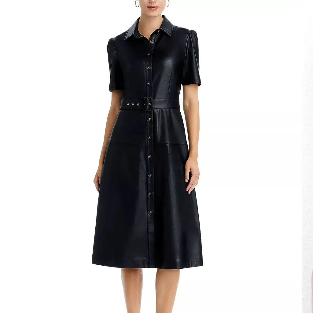 Black Pointed Collar Women Genuine Leather Midi Dress Comfortable Geometric Print Midi Dress