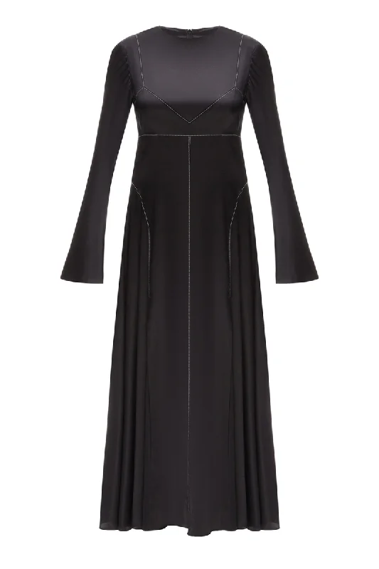 BLACK SILK MIDI DRESS WITH WHITE STITCH DETAIL Elegant Pleated Detail Midi Dress