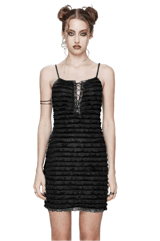 Black Tie-Dye Ruffled Mini Dress With Drawstring Design Comfortable Zip-Up Mini Dress Black Tie-Dye Ruffled Mini Dress With Drawstring Design Comfortable Zip-Up Mini Dress