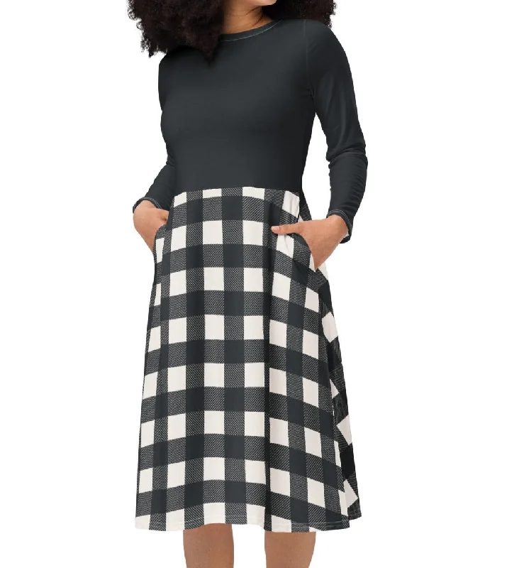 Black & White Buffalo Check Midi Dress (S-6XL) Cozy A-Line Midi Dress