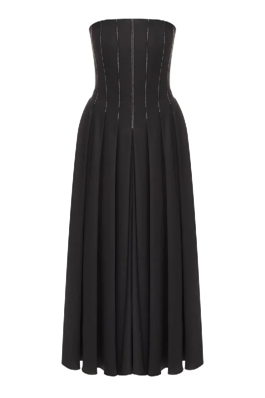 BLACK WOOL CORSET MIDI DRESS WITH WHITE STITCH DETAIL Stylish Button-Down Midi Dress