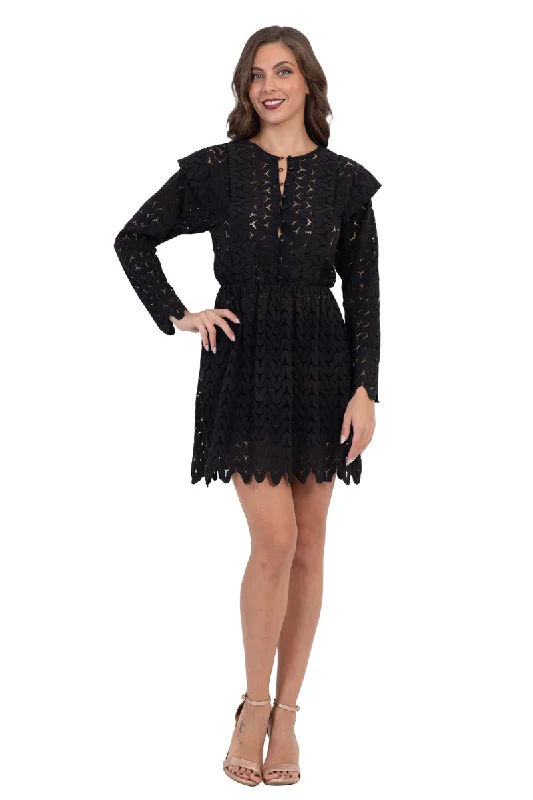 Black Zig-Zag Lace Mini Dress With Sleeves Classic Floral Print Mini Dress