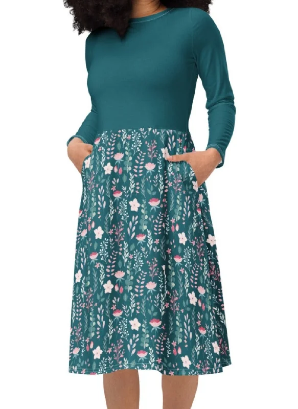 Blissful Blue Floral Long Sleeve Midi Dress (S-4XL) Trendy Shift Midi Dress