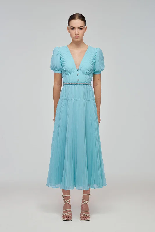 Blue Chiffon Diamanté Button Midi Dress Comfortable Lace-Up Midi Dress