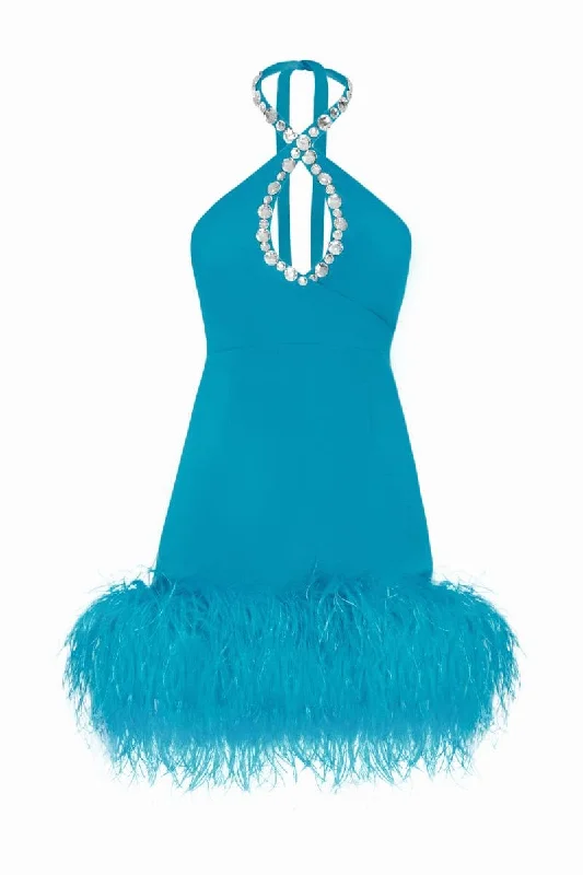 BLUE MIA FEATHER-EMBELLISHED CREPE MINI DRESS Trendy Crossover Mini Dress