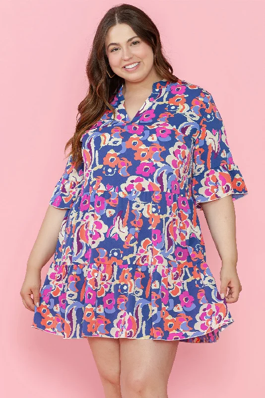 Blue Zone Planet |  Blue Plus Size Floral Print Ruffled 3/4 Sleeve Mini Dress Trendy Crossover Mini Dress