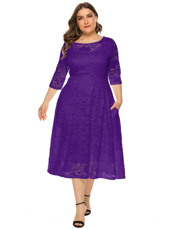 Blue Zone Planet |  Bridesmaid Plus Size Lace Pocket Midi Dress Comfortable Geometric Print Midi Dress