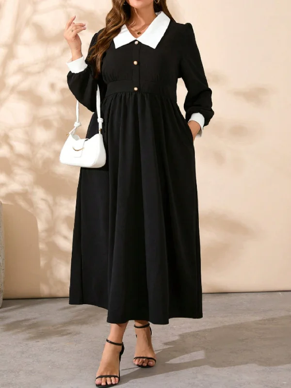 Blue Zone Planet |  Plus Size Contrast Collared Neck Long Sleeve Midi Dress Elegant Faux Wrap Midi Dress