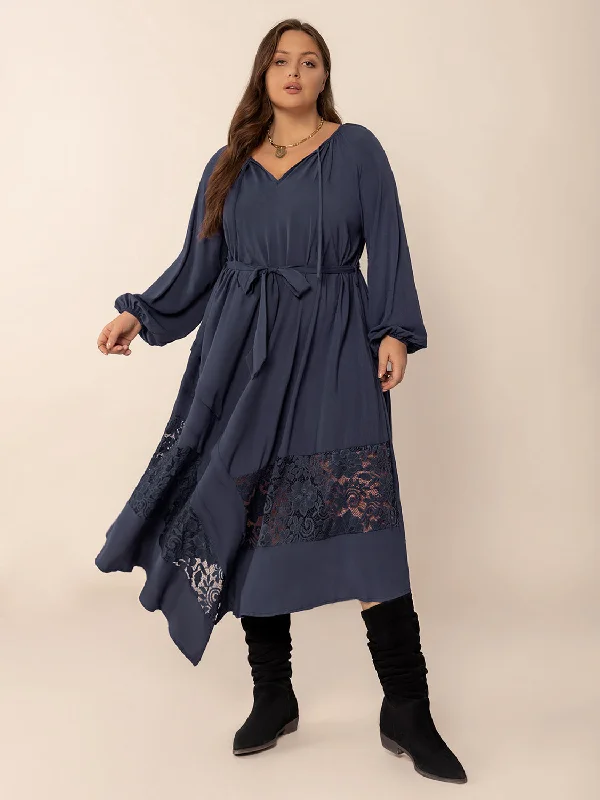 Blue Zone Planet |  Plus Size Lace Detail Tie Neck Long Sleeve Midi Dress Elegant Puff Sleeve Midi Dress