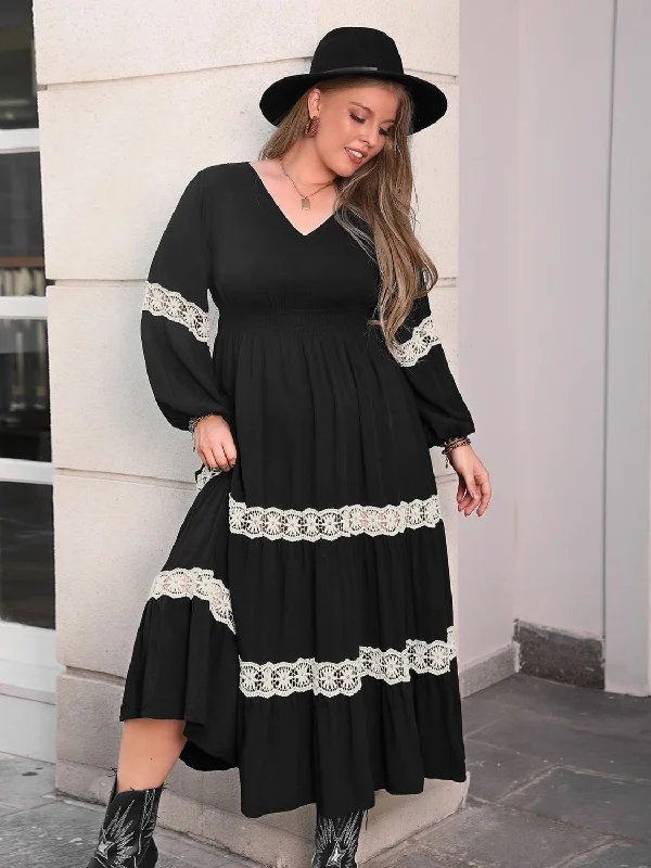 Blue Zone Planet |  Plus Size Lace Detail V-Neck Long Sleeve Midi Dress Fashionable A-Line Midi Dress