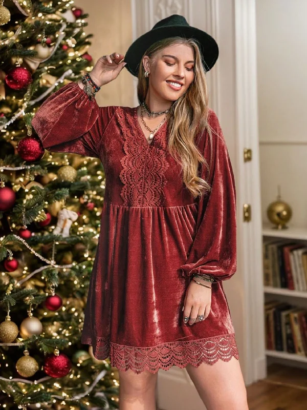 Blue Zone Planet |  Plus Size Lace Detail V-Neck Long Sleeve Mini Dress Trendy Tie-Dye Mini Dress