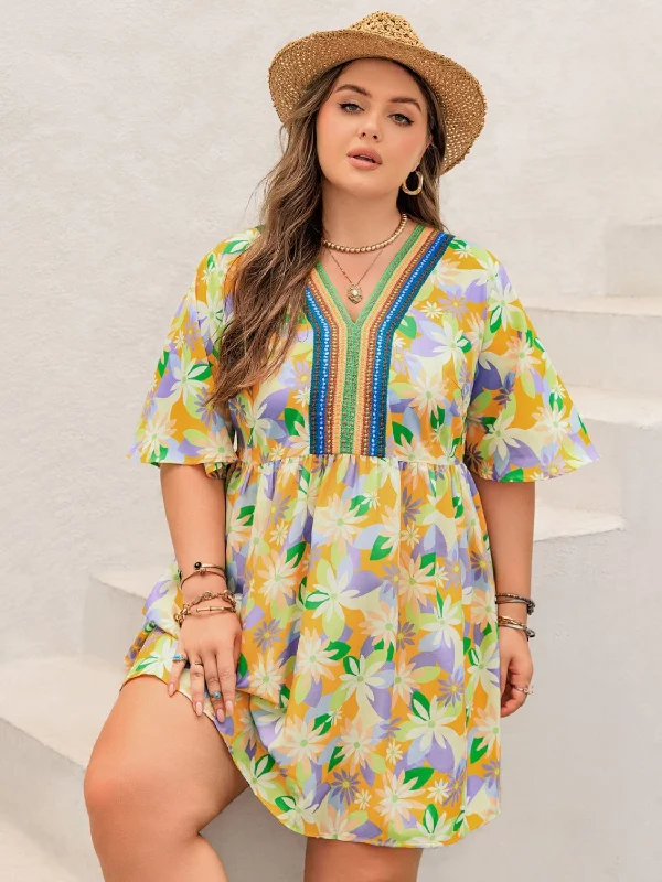 Blue Zone Planet |  Plus Size Printed V-Neck Half Sleeve Mini Dress Fashionable Boho-Chic Mini Dress