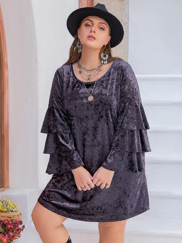 Blue Zone Planet |  Plus Size Round Neck Flounce Sleeve Mini Dress Cozy Knitted Mini Dress