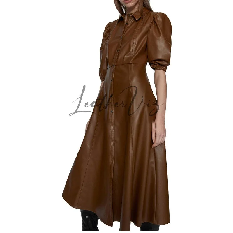 BROWN LEATHER SHIRT STYLE MIDI DRESS FOR WOMEN Fashionable High-Low Midi Dress