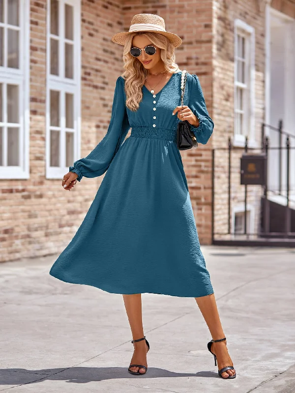 Buttoned V-Neck Flounce Sleeve Midi Dress Trendy Tiered Hem Midi Dress