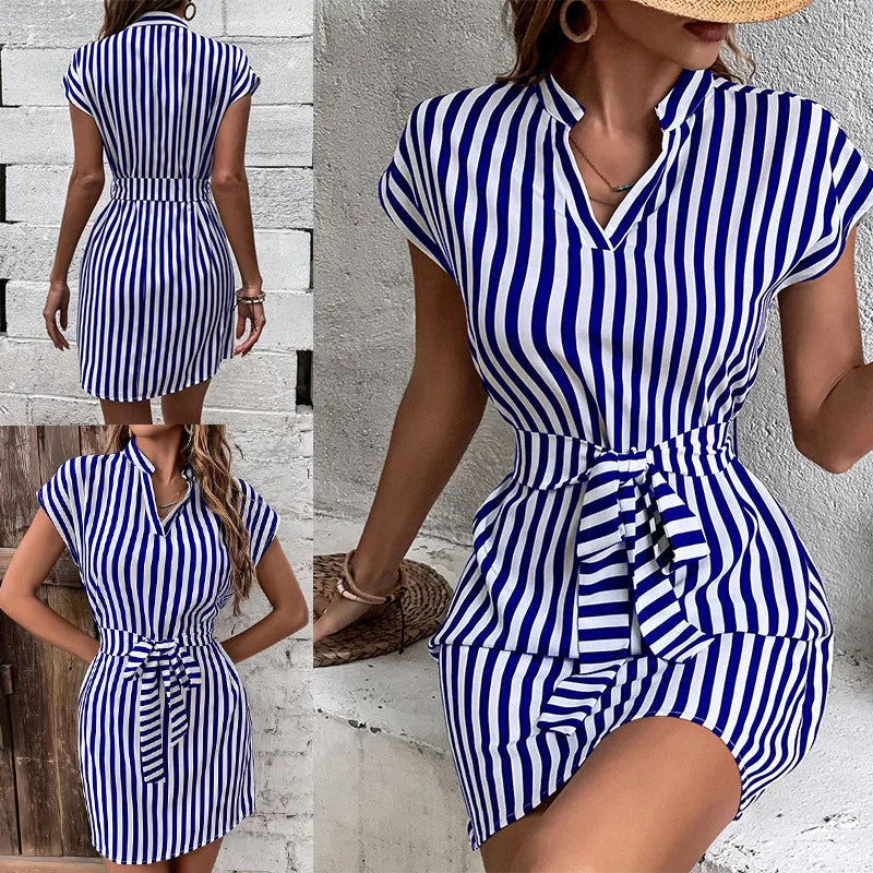 Casual Sleeveless Striped Mini Dresses Fashionable Button-Front Mini Dress