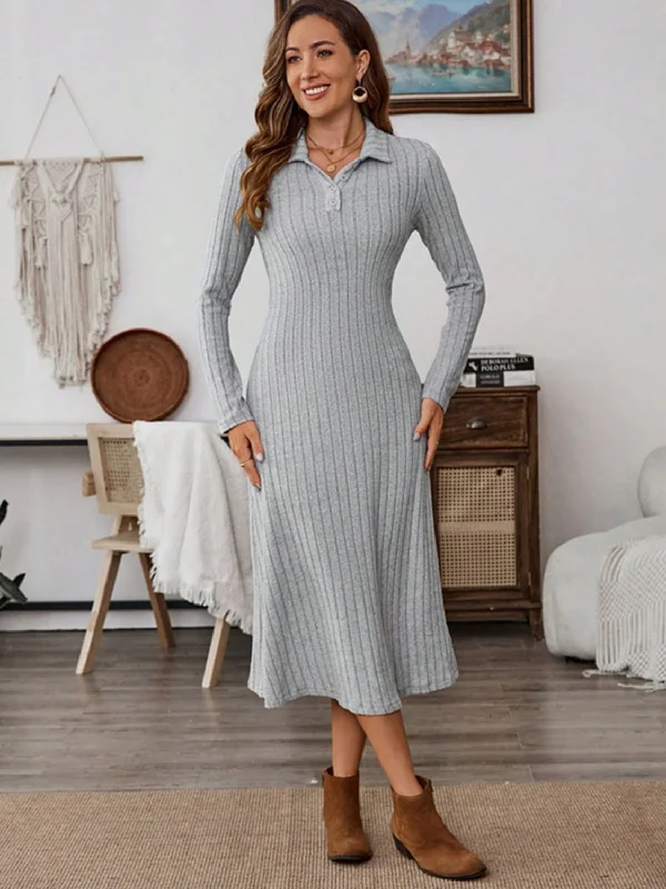 Collared Neck Long Sleeve Midi Dress Fashionable Chiffon Midi Dress