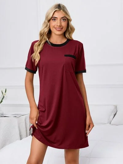 Contrast Trim Round Neck Mini Dress Chic Puff Sleeve Mini Dress