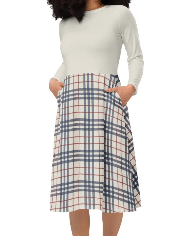 Cream, Red & Navy Plaid Midi Dress (S-4XL) Stylish Tiered Midi Dress