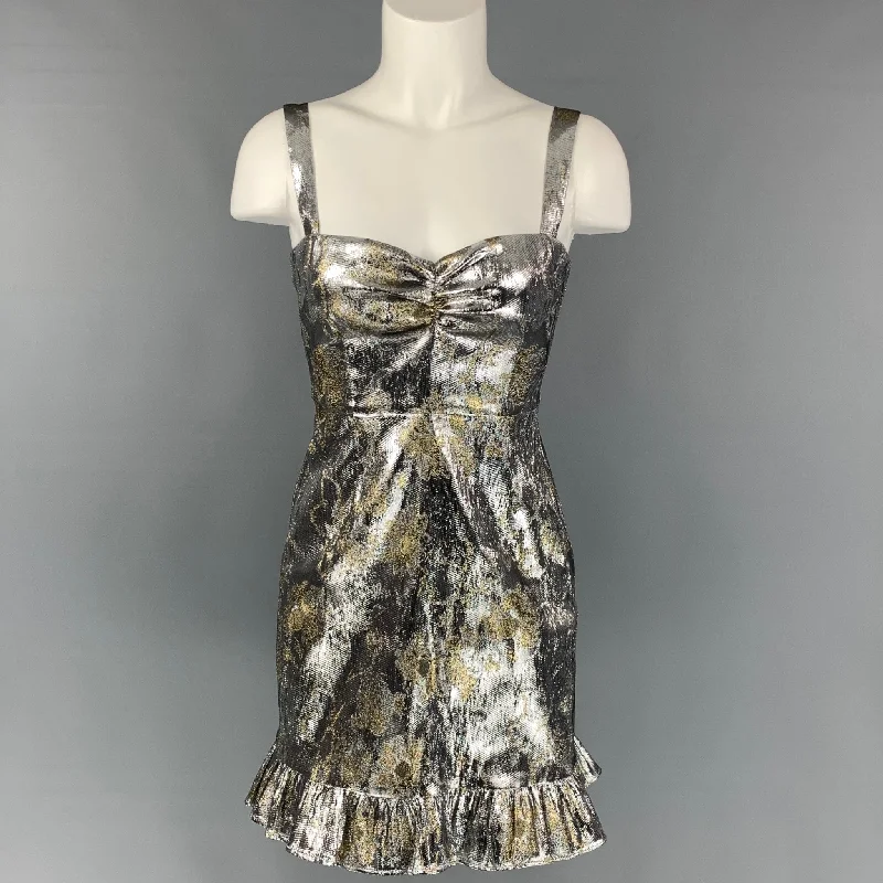 CYNTHIA ROWLEY Size 4 Silver & Gold Polyester / Lurex Jacquard Mini Dress Fashionable Lace-Trim Mini Dress