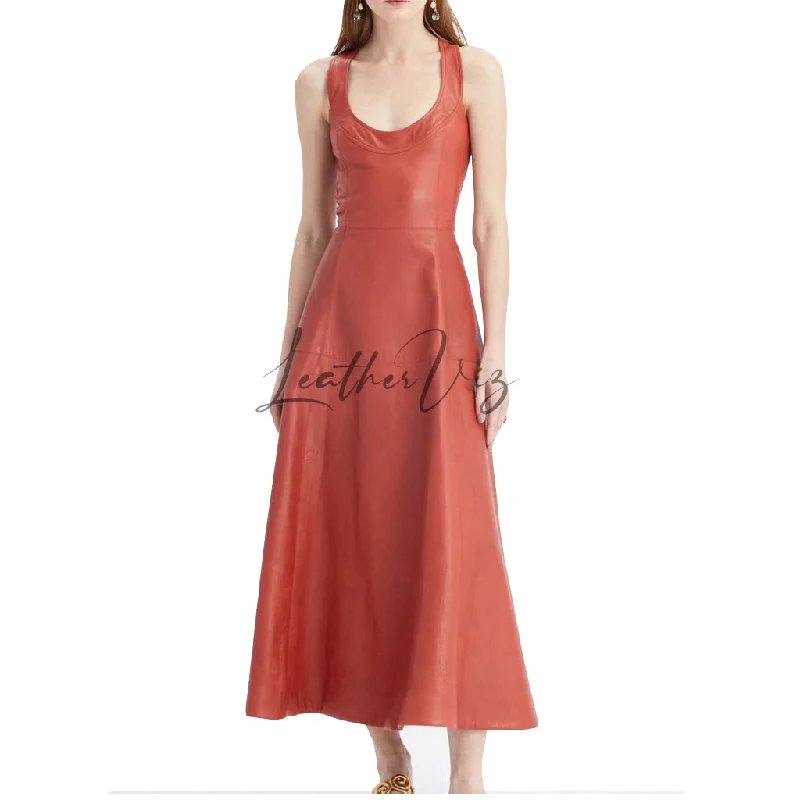 Deep Neck A Line Midi Dress Leather Gown For Women Comfortable Casual Midi Dress