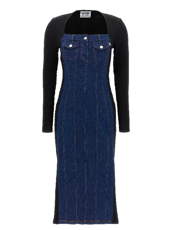 Denim & Ribbed Midi Dress Fashionable Casual Midi Dress