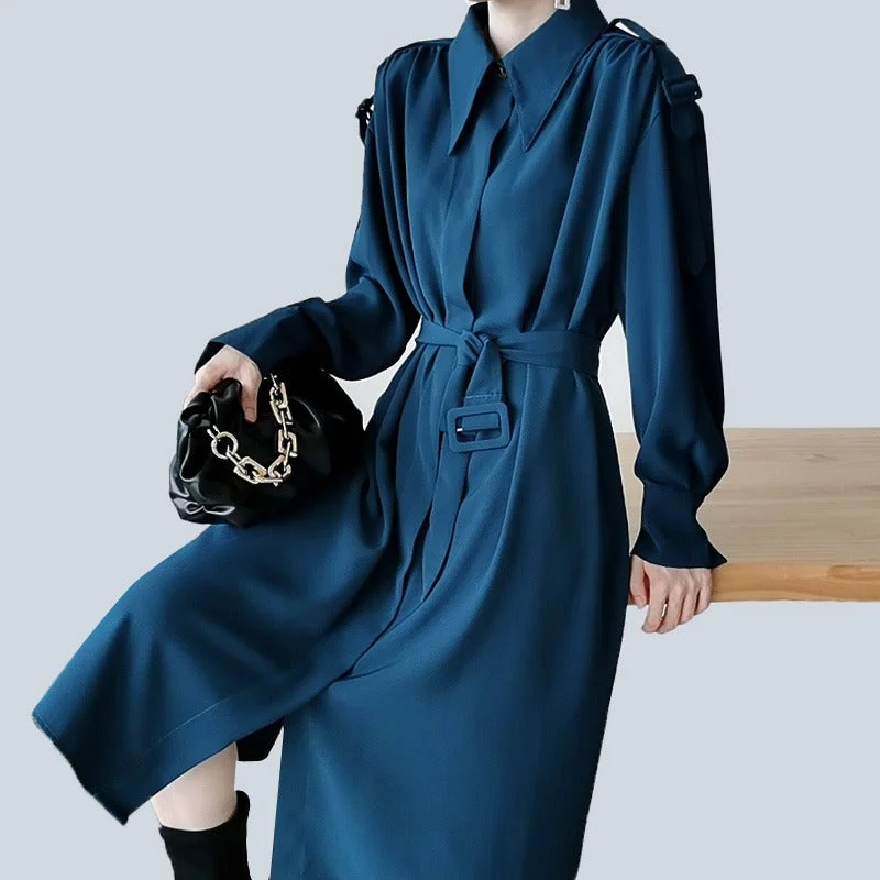 English Style Long Sleeve Belted Midi Dress Stylish Wraparound Midi Dress