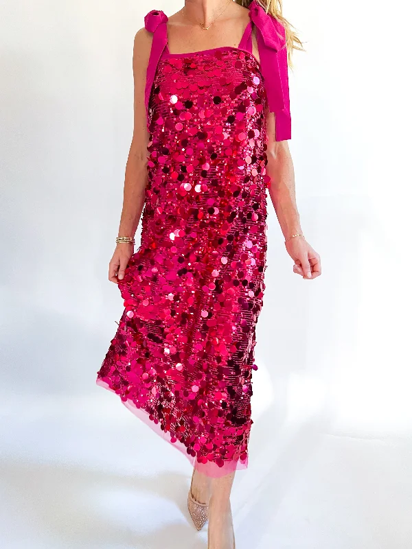 Sequin Magenta Midi Dress Trendy Tiered Hem Midi Dress