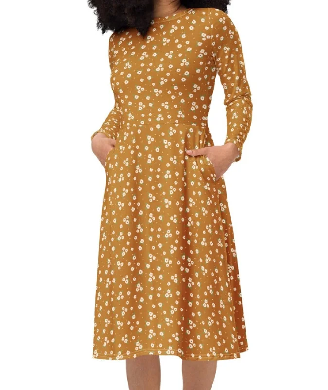 Field of Gold Floral Midi Dress (S-4XL) Elegant V-Neck Midi Dress